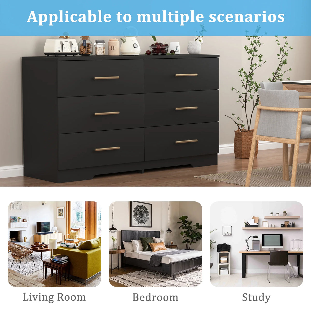 Black 6 Drawer Wood Dresser B6540