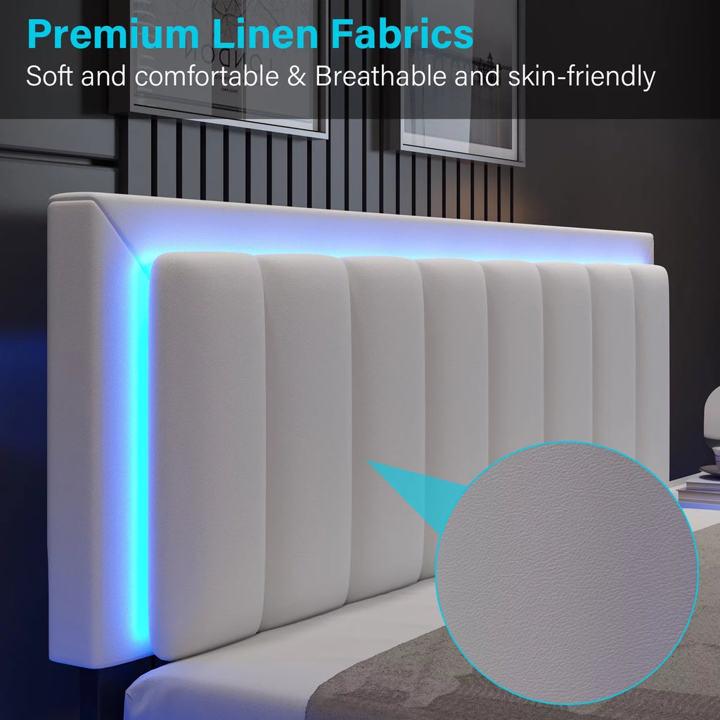 Full Size Led Upholstered Platform Bed Frame with PU Faux Leather Headboard I100