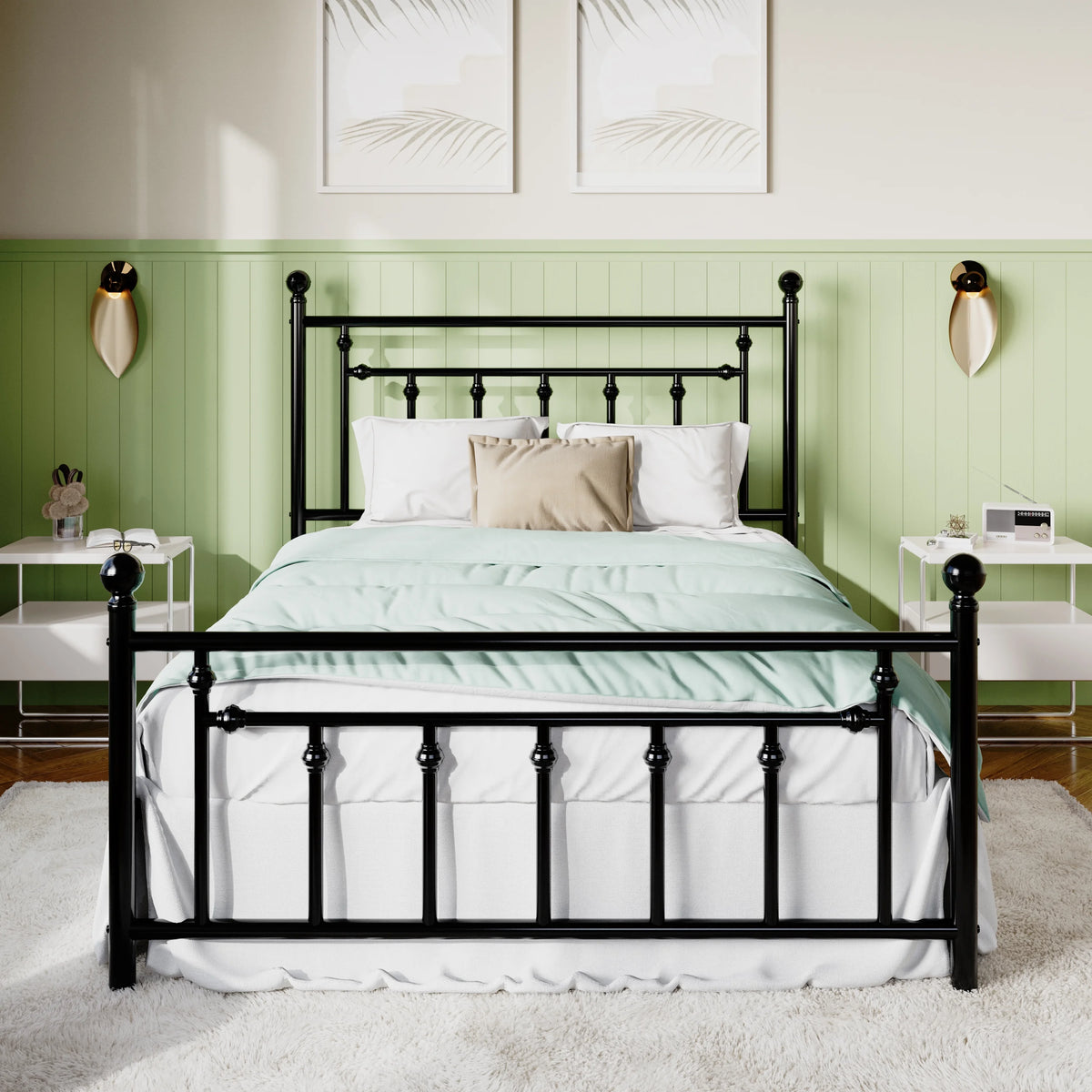 Queen Size White Metal Platform Bed Frame with Headboard and Footboard T135353