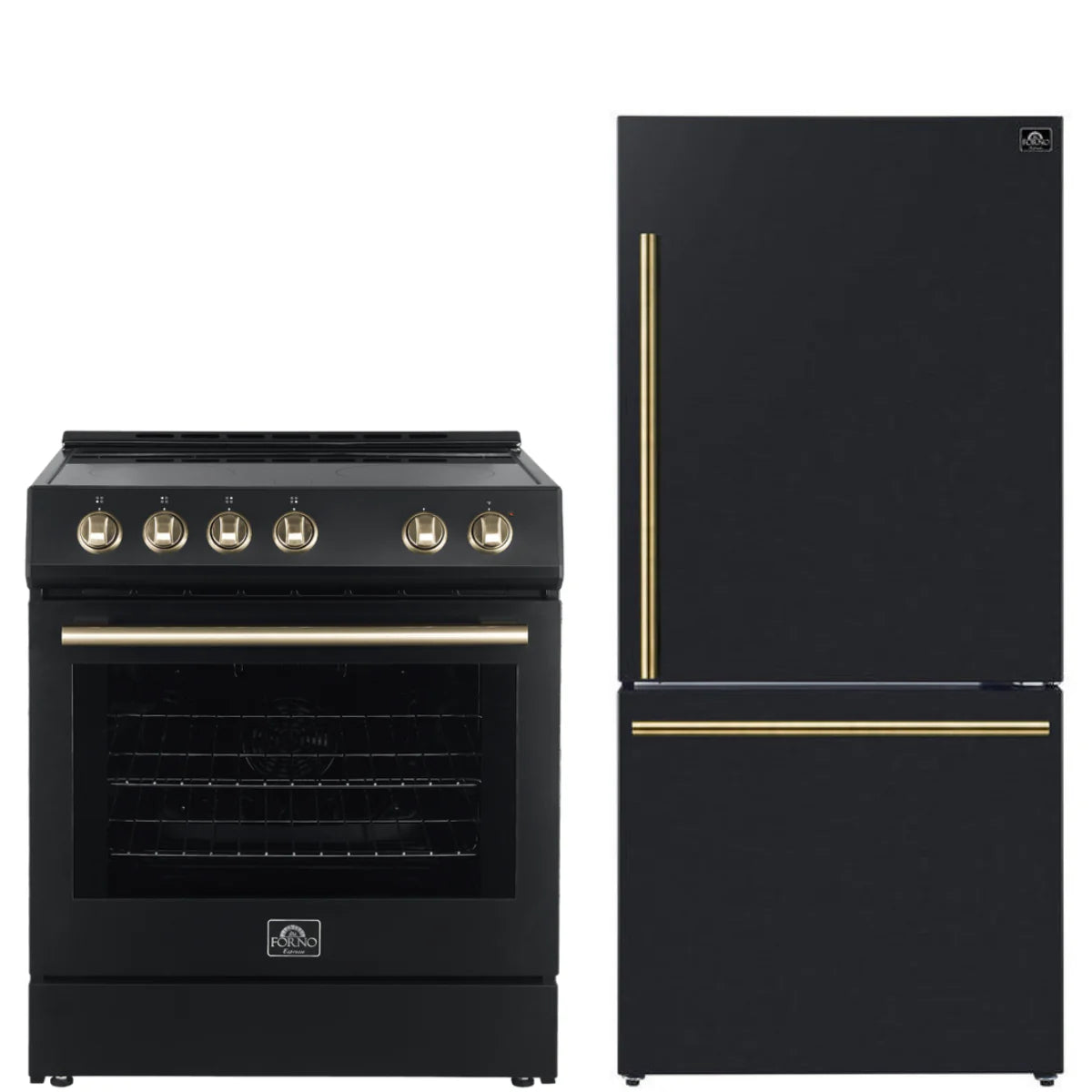 30 Electric Range and Refrigerator in Black with Antique Brass Handles E473425