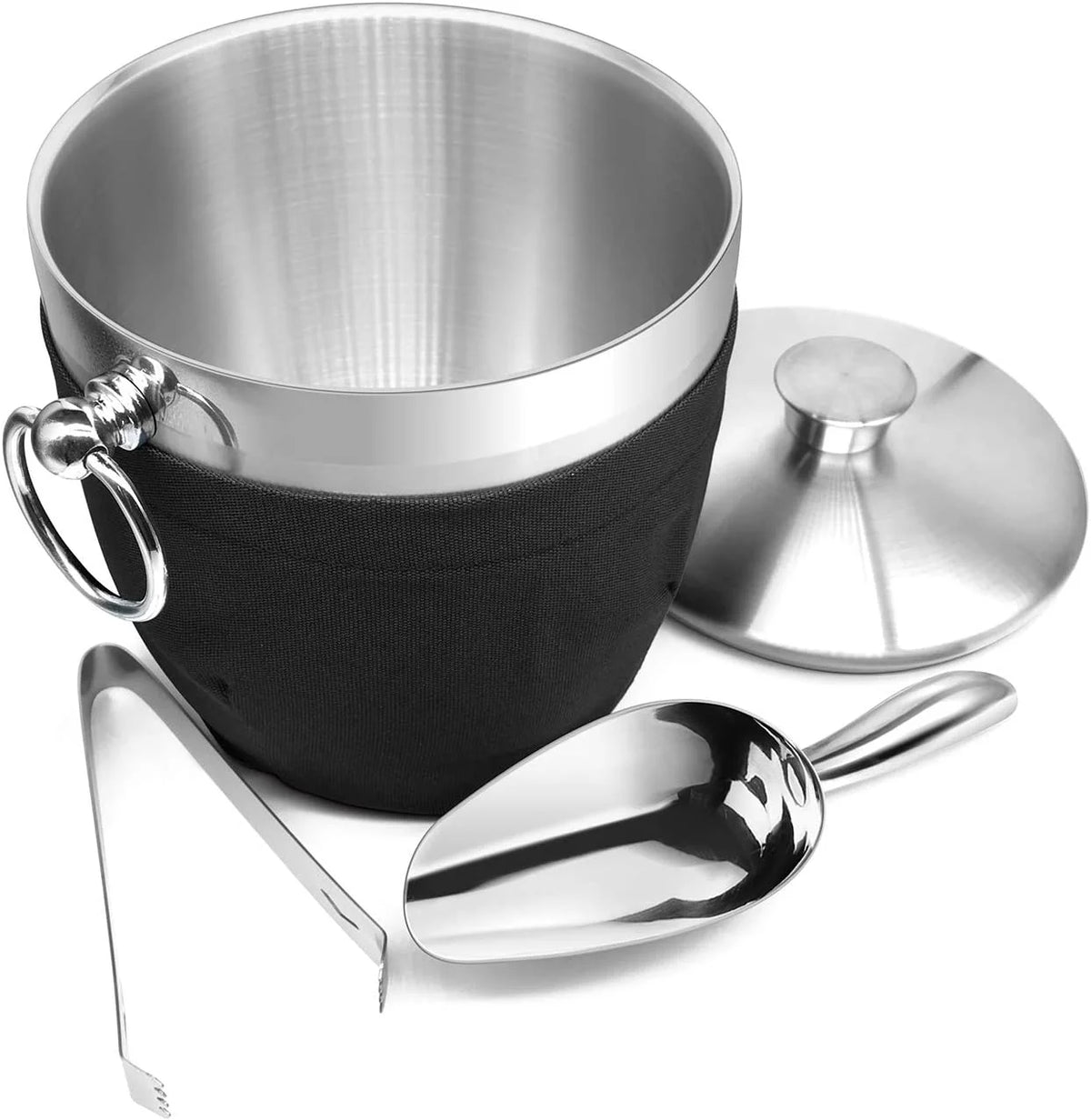 Black Double Walled Stainless Steel Insulated Ice Bucket with Nylon Holder V9109