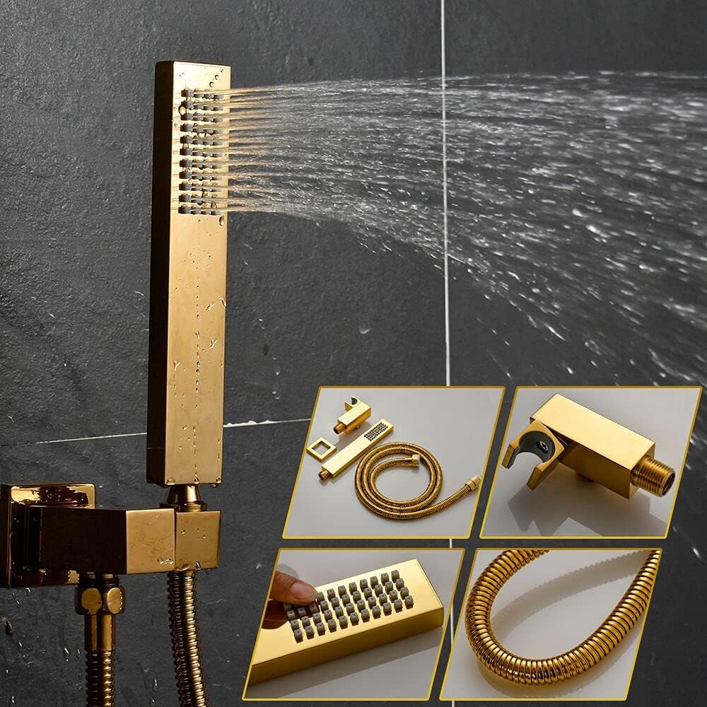 Polished Gold 12 Inch Brass Ceiling Mounted Thermostatic Rainfall Shower System Set N178