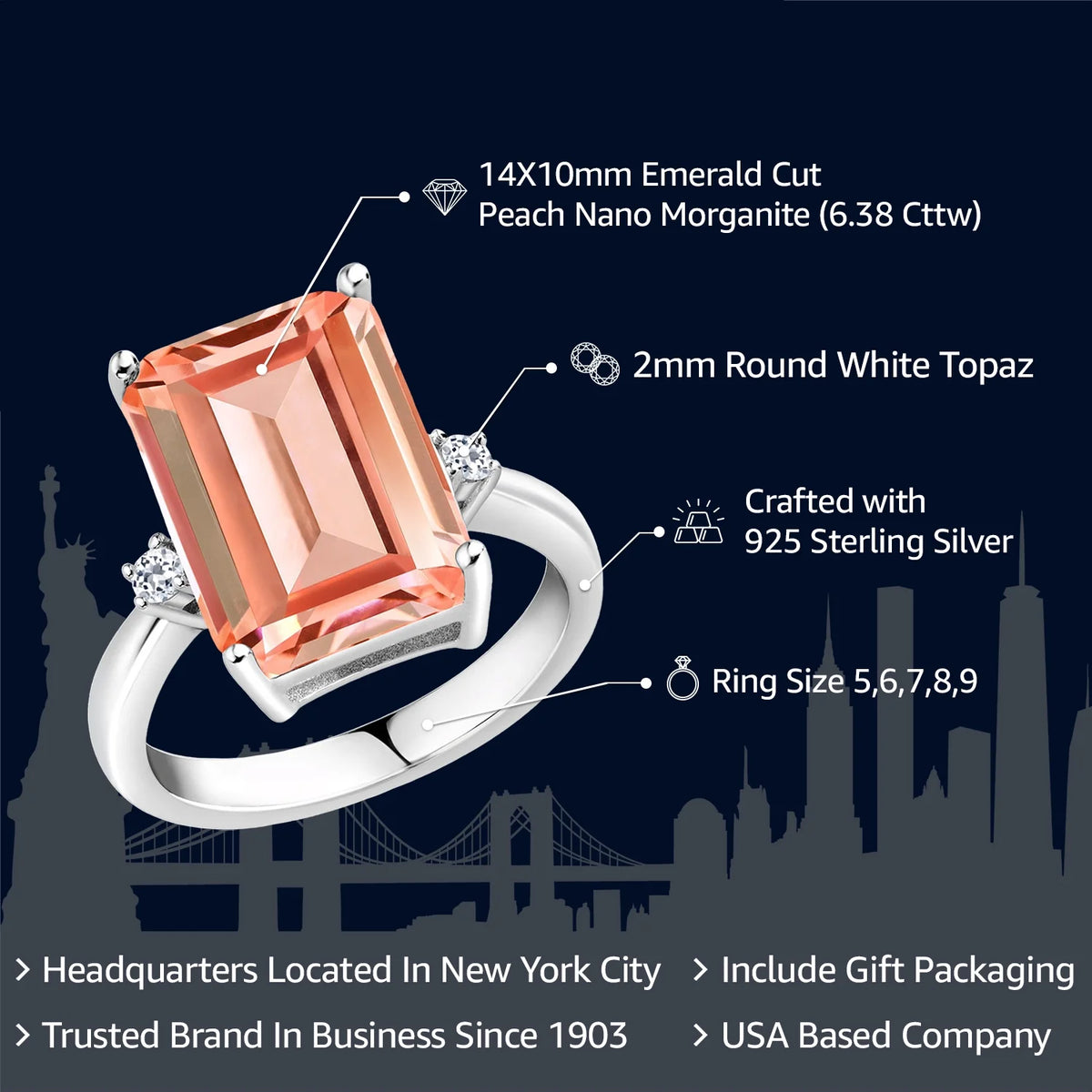 925 Sterling Silver Peach Nano Morganite and White Topaz Ring F689