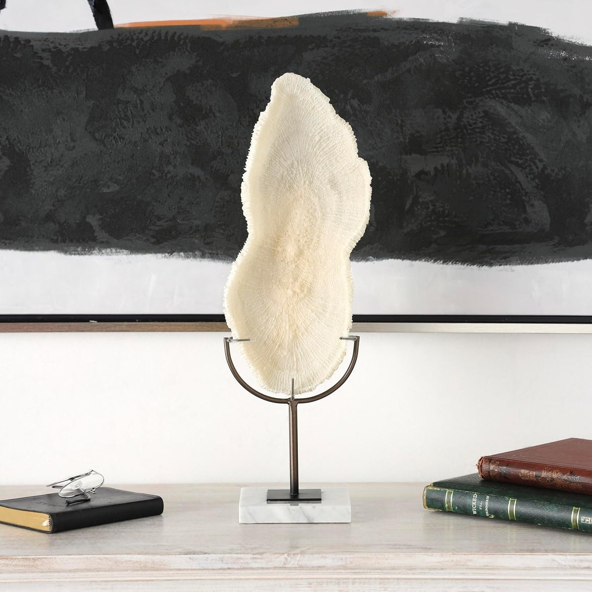 Polystone Decorative Sculpture with Gray Stand and Acrylic Base, 7" x 5" x 19", Cream Q811469