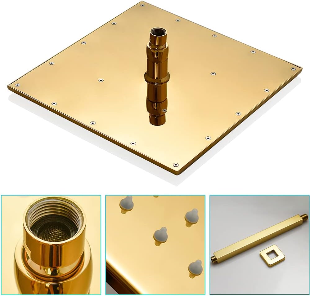 Polished Gold 12 Inch Brass Ceiling Mounted Thermostatic Rainfall Shower System Set N178