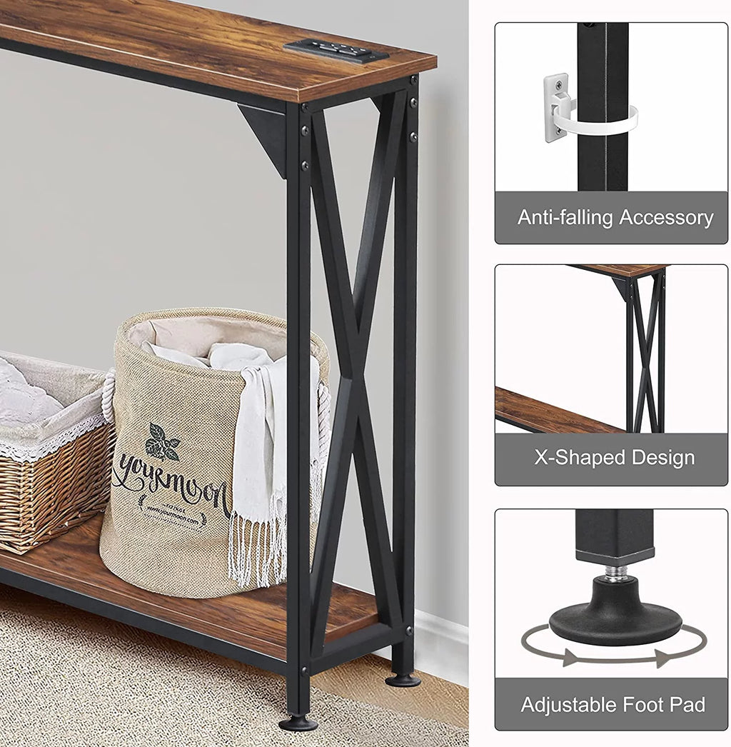 2 Tiers Console Sofa Table with Power Outlet and Open Storage Shelf A266