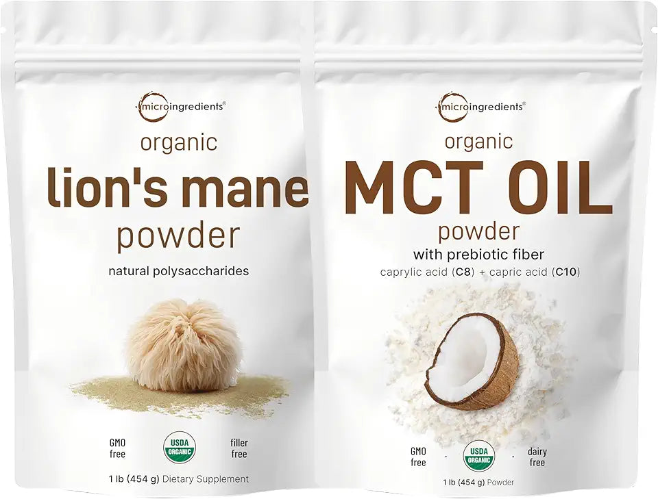MCT Oil Powder with Prebiotic Fiber & Lions Mane Mushroom Supplement Powder 2 Pack J4953