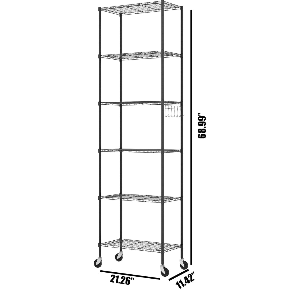 6 Shelves Wire Metal Heavy Duty Shelving Rack with Wheel, Silver B4209
