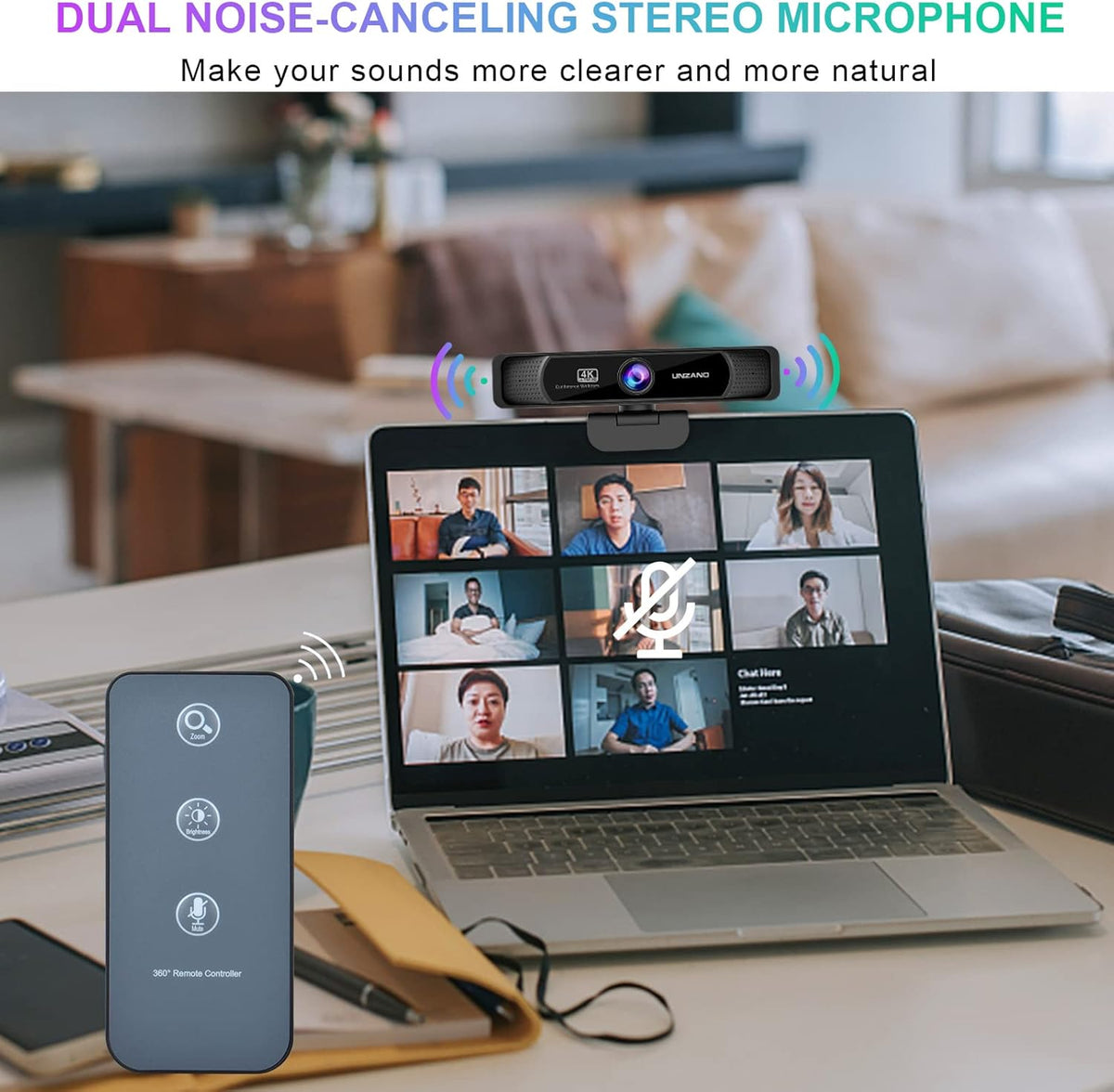 4K Webcam with Remote Control, Auto-Focus 120° Wide Angle, Dual Noise Reduction Mics X80904