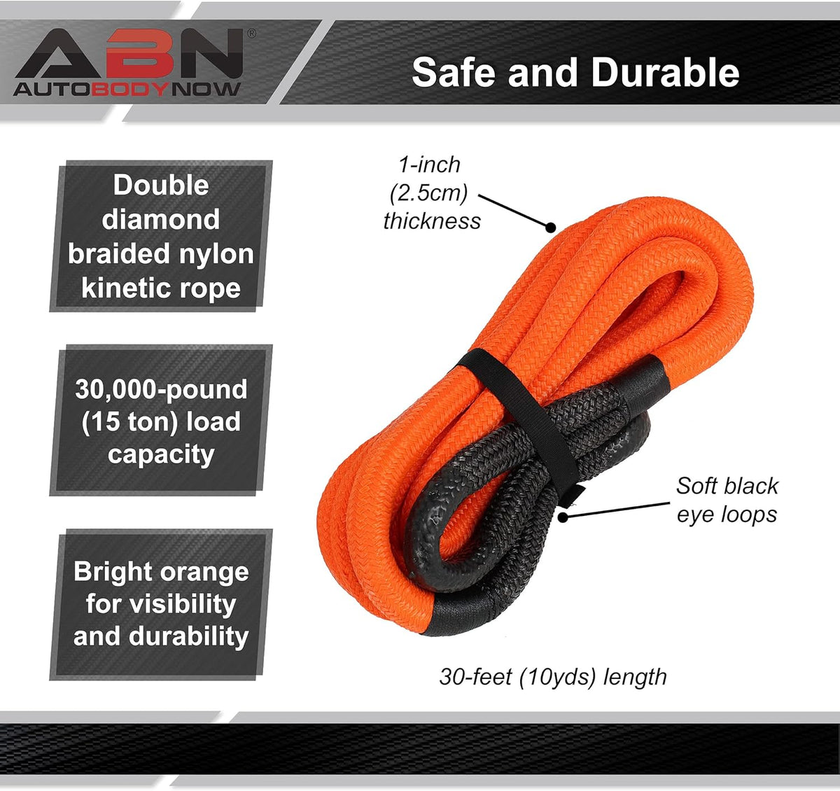 30ft Orange 30,000lb Kinetic Recovery Tow Rope P244