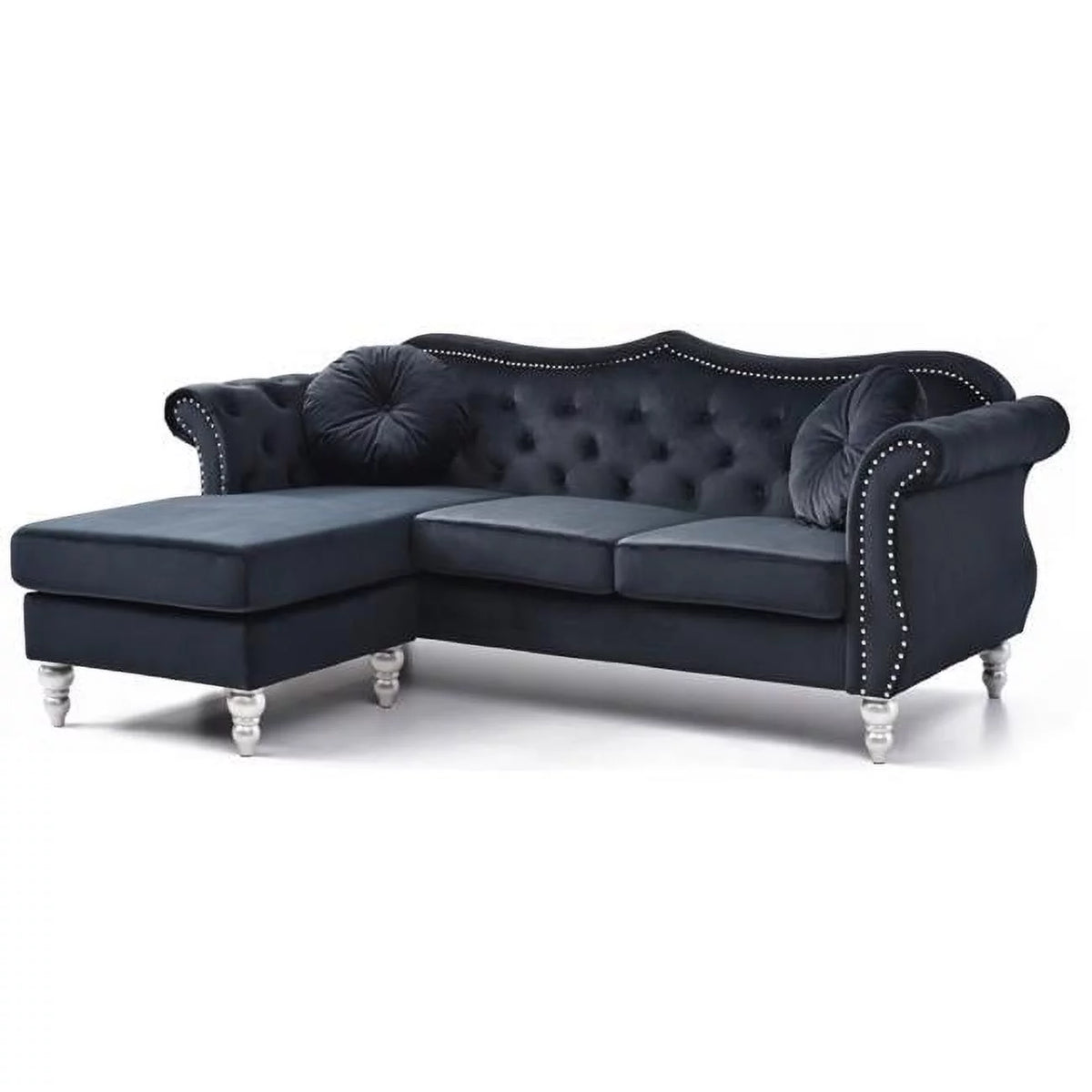 Black Velvet Chesterfield Sectional Sofa with 2-Throw Pillow R6532