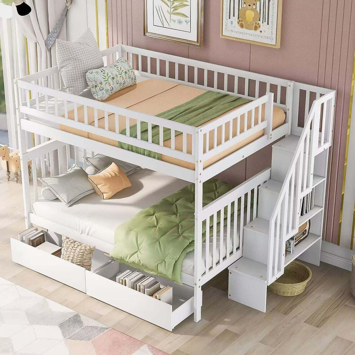 White Solid Wood Full Over Full Bunk Bed with Stairs and Storage Drawers E7258