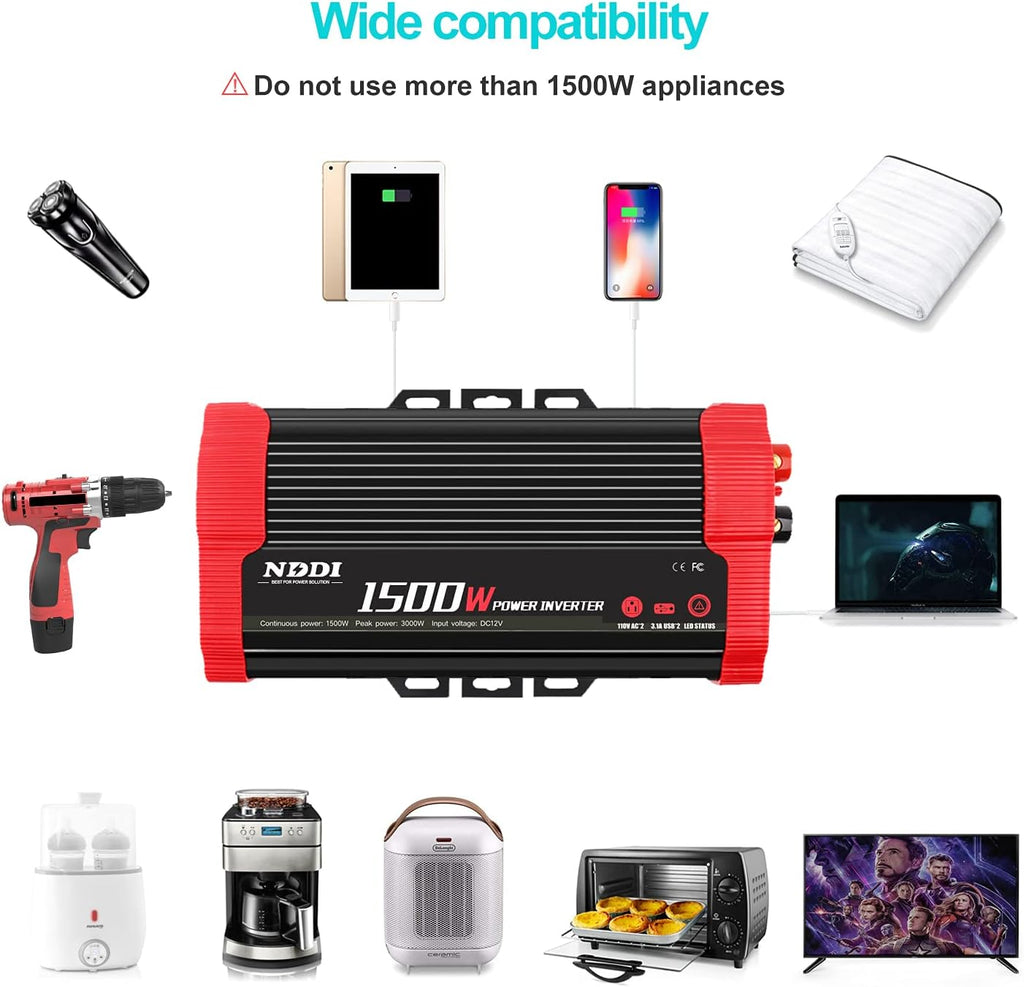 1500W Car Power Inverter 12V DC to 110V AC Converter with Dual USB Port and AC Outlets Pack of 2 N2817