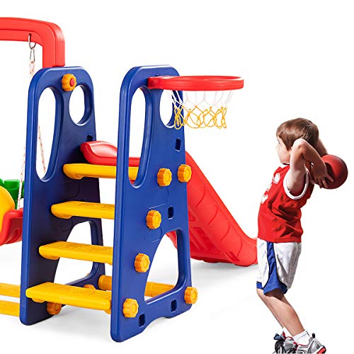Toddler Long Slide Set, 3-in-1 Large Climber Playset with Basketball Hoop, Stairs, Thickened Panel, Playground Swing L942414
