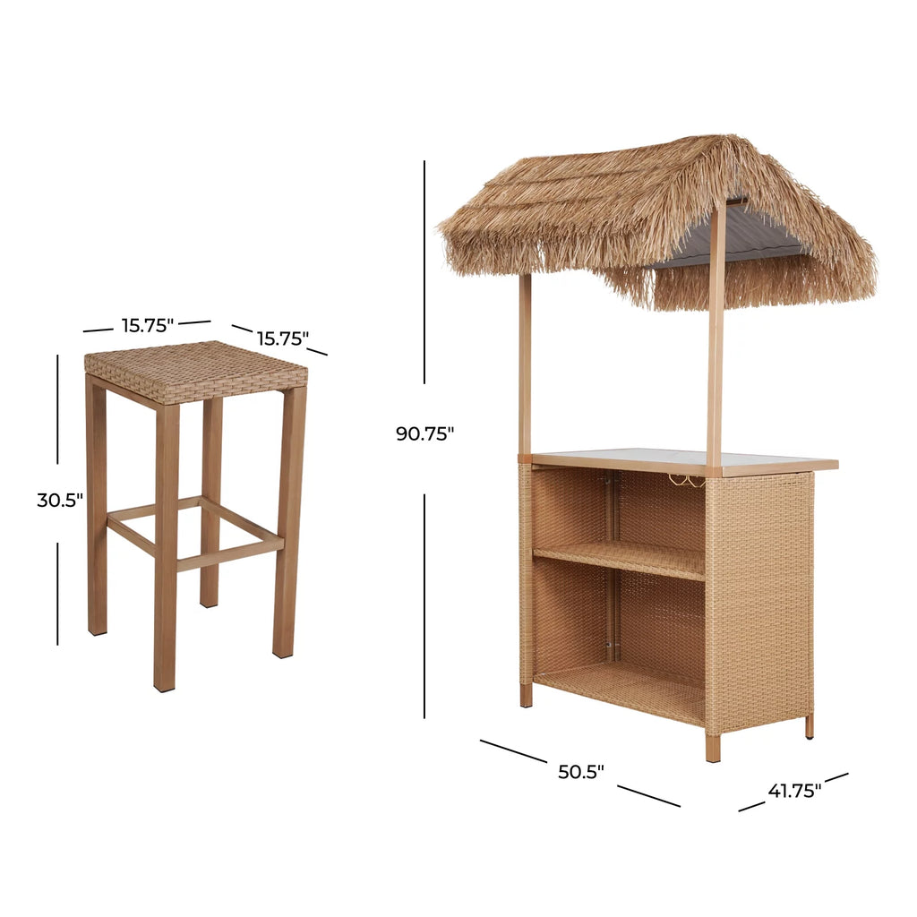 Outdoor 3 Piece All Weather Resin Wicker Steel Tiki Bar and 2 Stools with Ceramic Top & Storage X8179