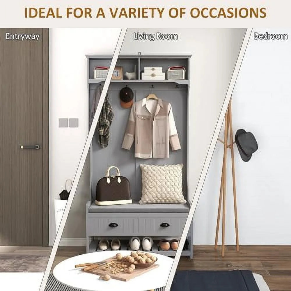 3-in-1 Hall Tree Entryway Bench with Coat Rack Shoe Rack 2 Drawers 4 Hooks Padded Seat Cushions Gray V74735