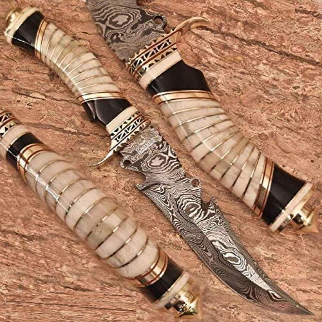 Damascus Steel Bowie Knife with Camel Bone Handle D3360