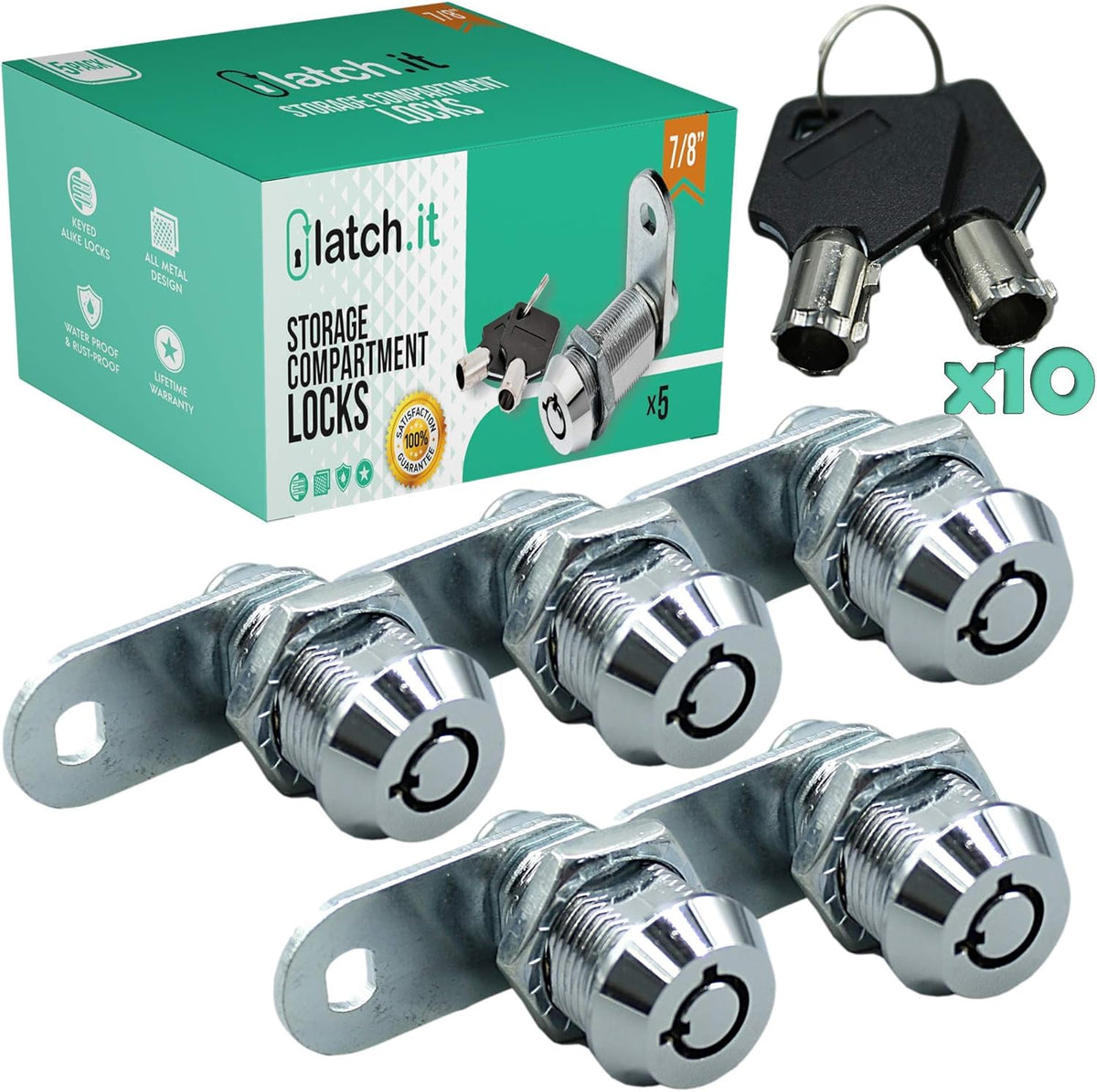 7/8” RV Storage Locks 5-Pack 100% Metal Utility Cam Lock with 10 Keys B831357