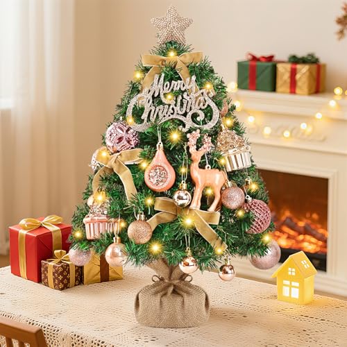 2 FT Mini Christmas Tree with Lights and 35 PCS Pink Ornaments X223462