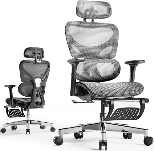 Grey and Black Mesh Ergonomic Office Chair with Footrest W129625