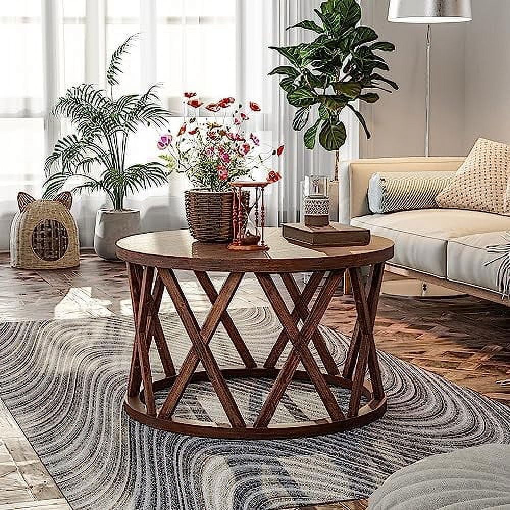 Round Wood Coffee Table with X-Motifs Legs L8097