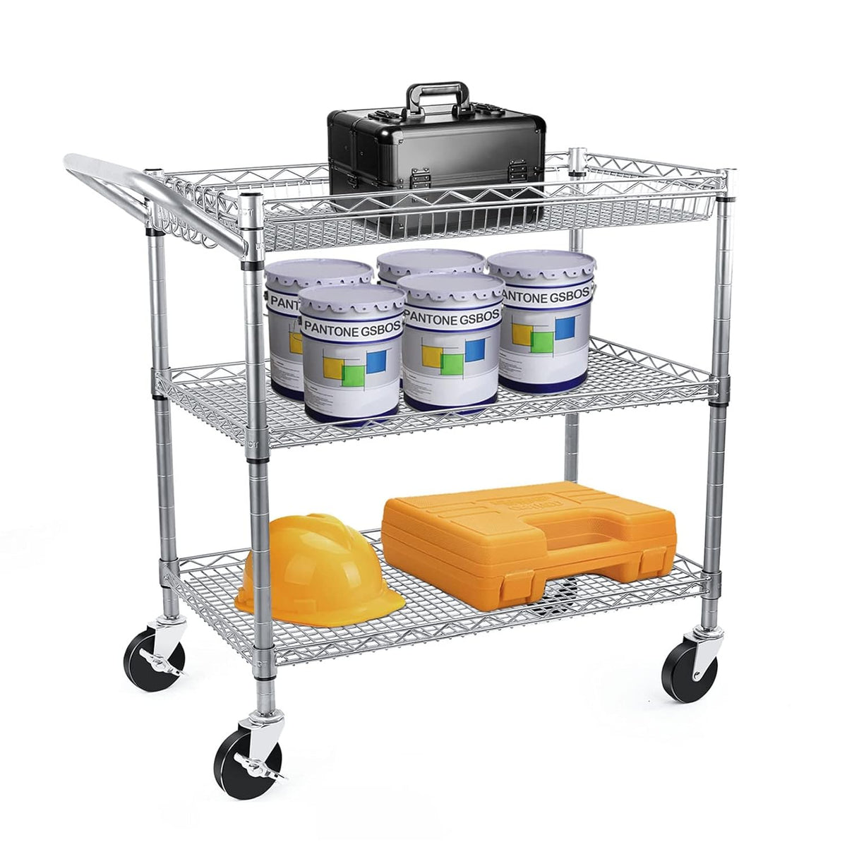 3 Tier Metal Rolling Utility Cart with Wire Shelving A24971