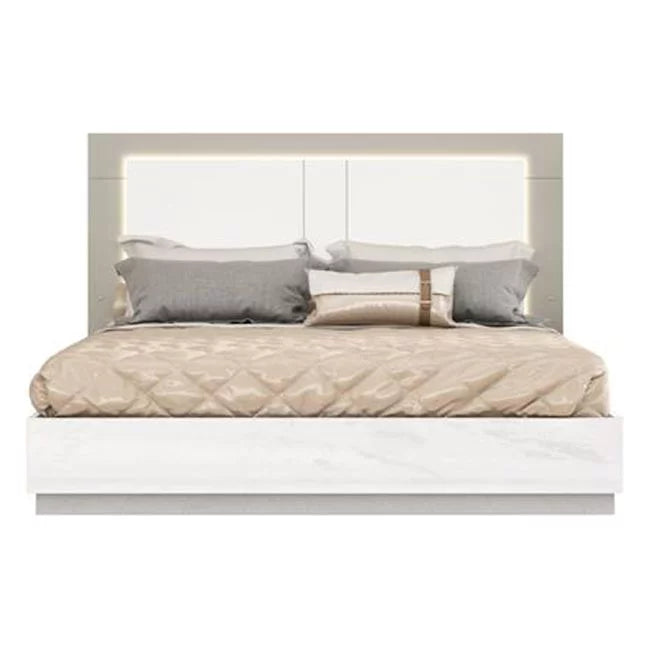 King Size White Taupe High Gloss Bed Frame with LED Headboard P15725