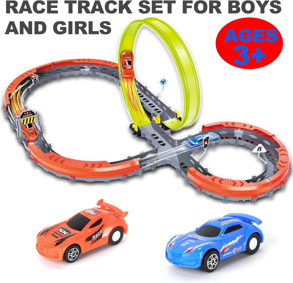 27 Pcs Race Car Track Set with 2 High Speed Cars, 360° Loop X-Type Crossing Track Z877