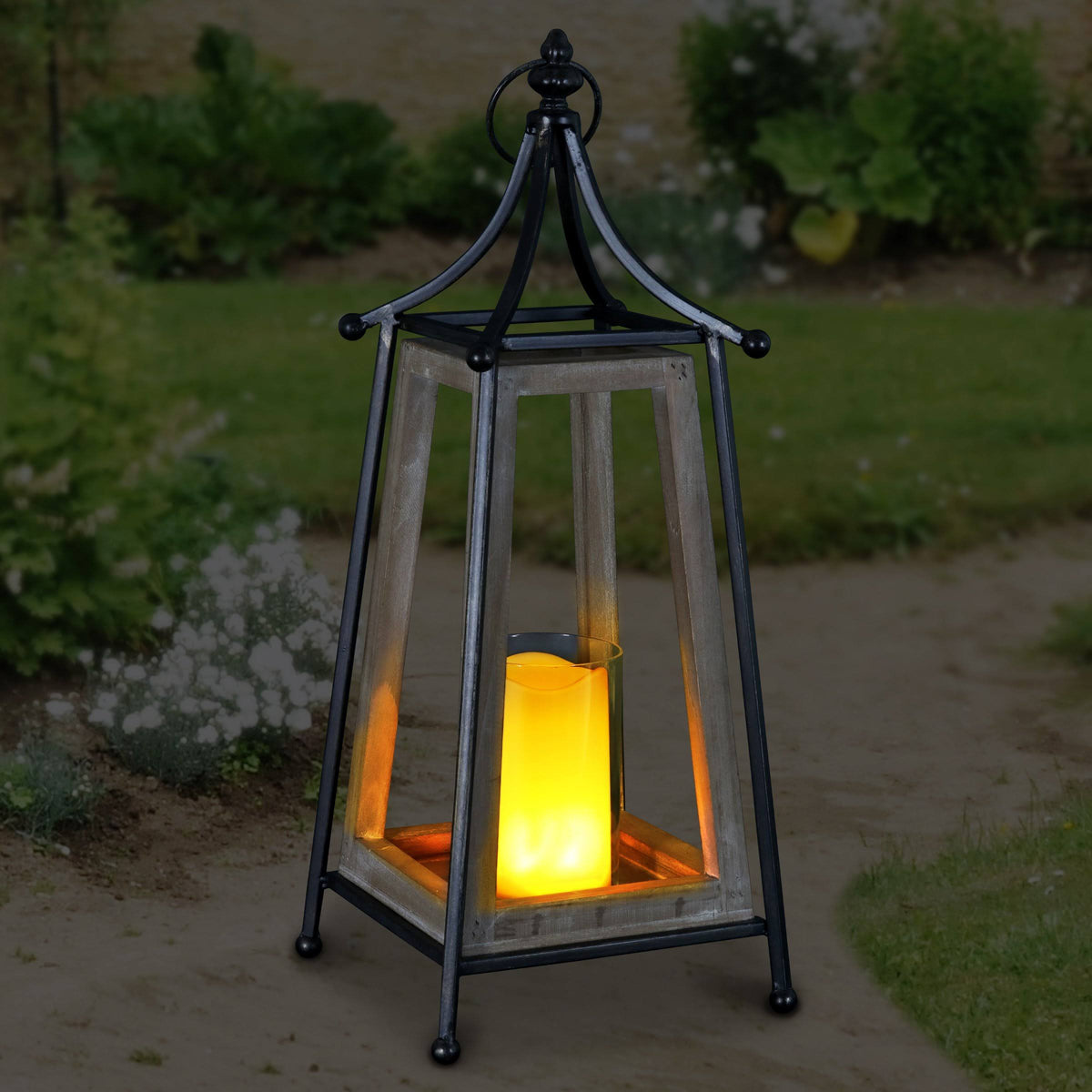 Antiqued Wood and Metal Tented Candle Lantern with LED Candle, 20.5 Inches, Natural, Beige Q8054