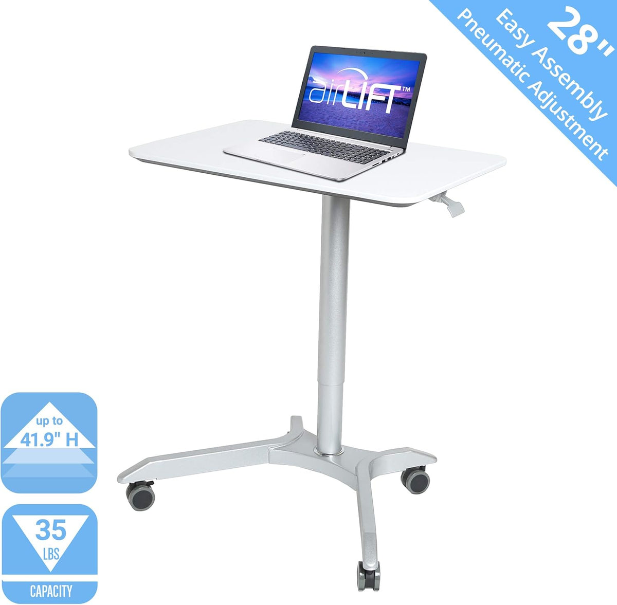 White Pneumatic Height Adjustable Mobile Laptop Desk Cart R554