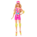 Skating Doll with Neon Outfit, Retro Gymnastics Suit, Pink Biker Shorts, Sun Shield, Neon Green Hoop Earrings, Skating Equipment, Impala Inline Skates H490