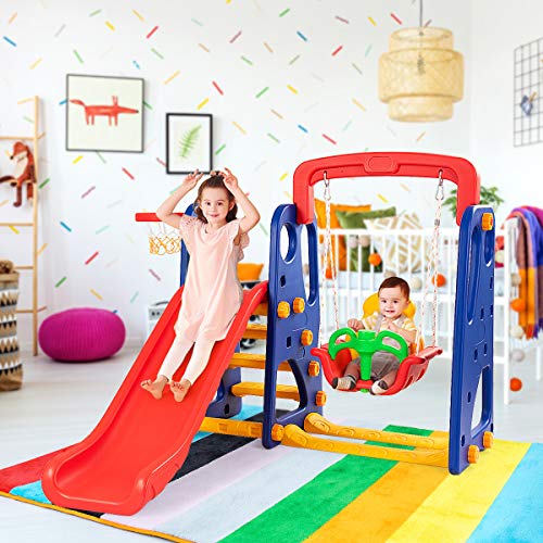 Toddler Long Slide Set, 3-in-1 Large Climber Playset with Basketball Hoop, Stairs, Thickened Panel, Playground Swing L942414