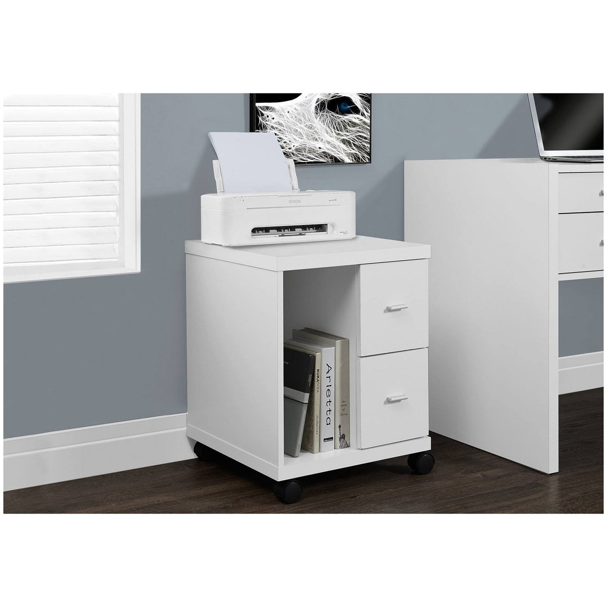 White 2 Drawer Computer Stand on Castors W2012