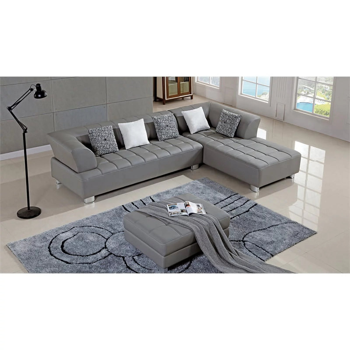 Gray Faux Leather Sectional with Right Facing Chaise S545