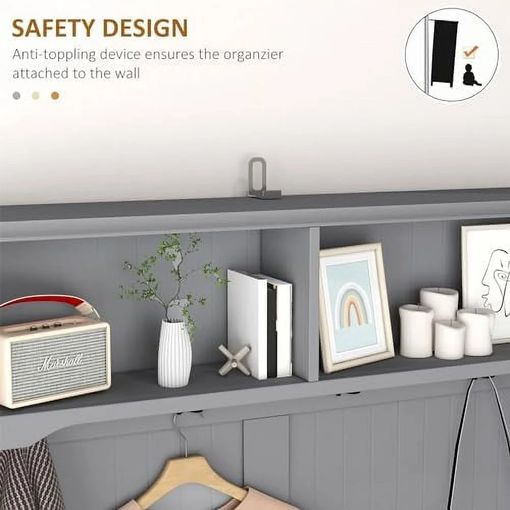 3-in-1 Hall Tree Entryway Bench with Coat Rack Shoe Rack 2 Drawers 4 Hooks Padded Seat Cushions Gray V74735