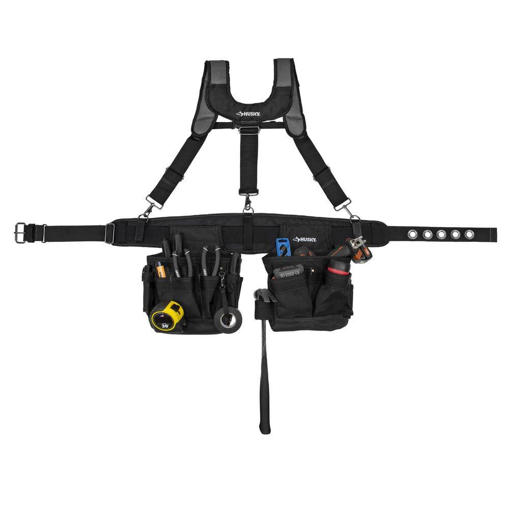 Black 14-Pocket Electrician Tool Belt with Suspenders U19605