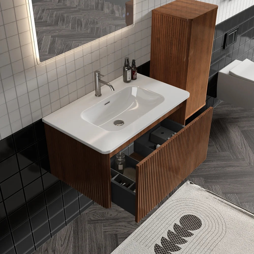 Striped Walnut Bathroom Floating Side Cabinet S4278