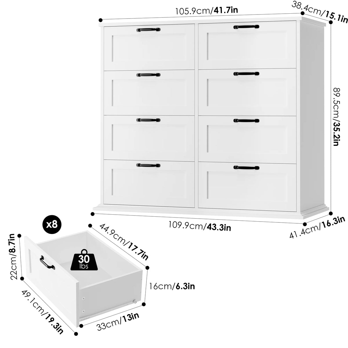 White 8 Drawer Wood Dresser W100384