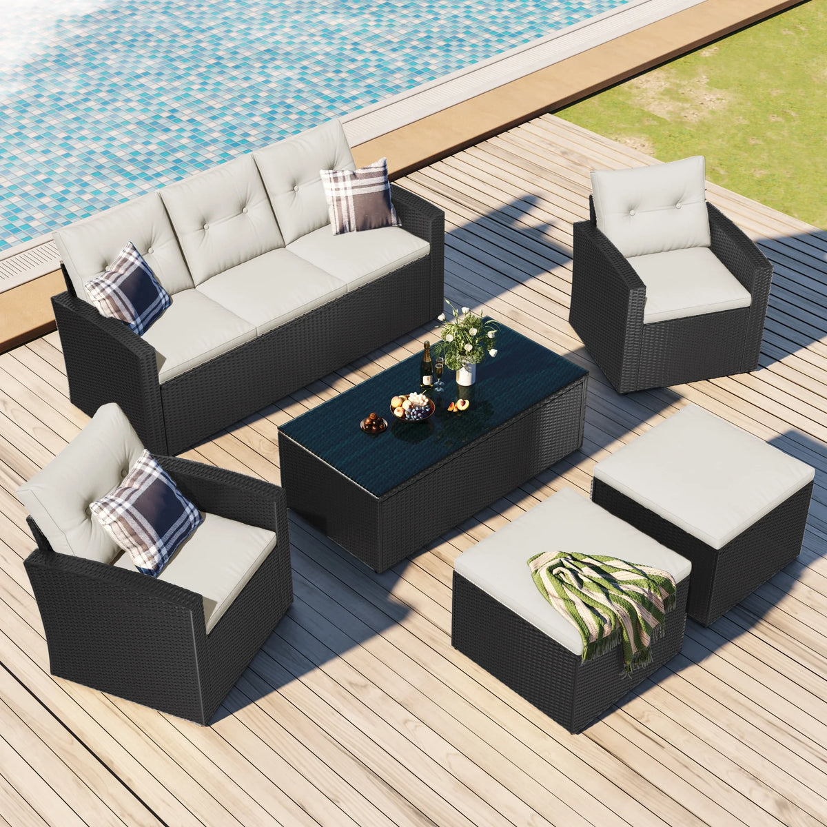 6-piece PE rattan Patio Sectional Set with coffee table, ottomans, removable cushions Y7617
