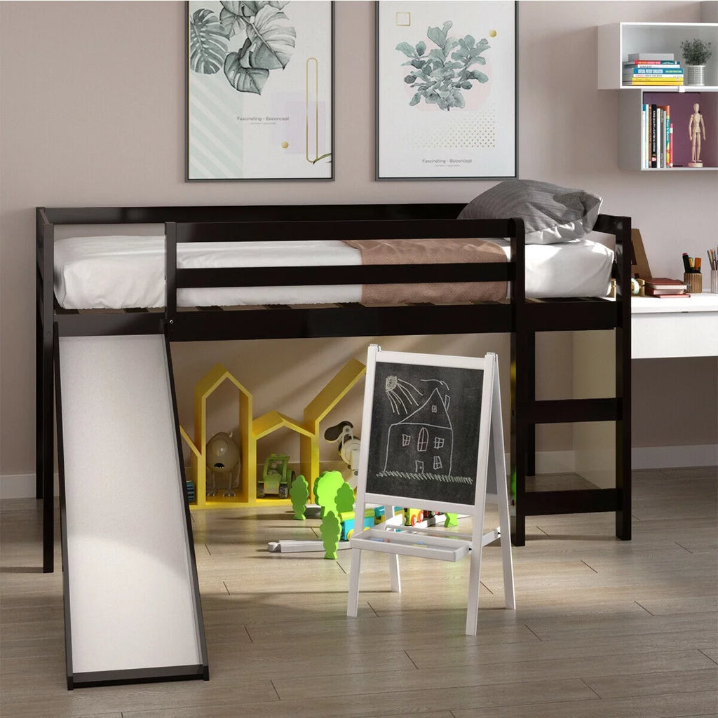 White Twin Size Wood Loft Bed with Slide Q6341