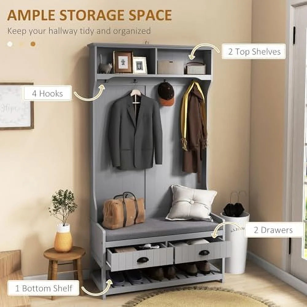 3-in-1 Hall Tree Entryway Bench with Coat Rack Shoe Rack 2 Drawers 4 Hooks Padded Seat Cushions Gray V74735