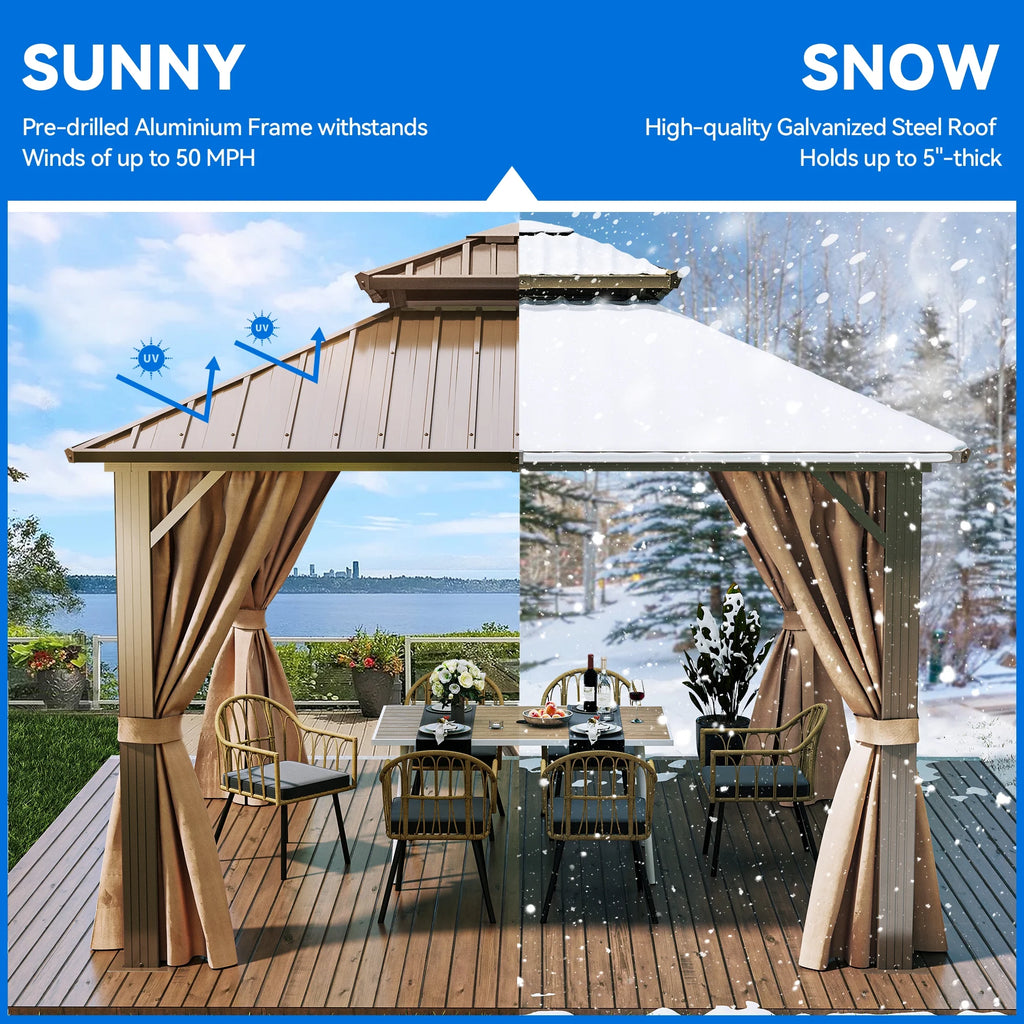 Bronze 10x10FT Double Roof Hardtop Gazebo with Nettings and Curtains Z850