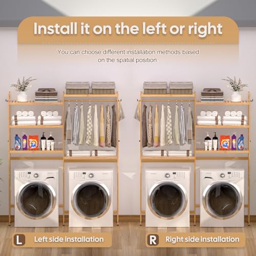 5 Tiers Bamboo Laundry Drying Rack with Adjustable Shelves and 4 Hooks Y31758