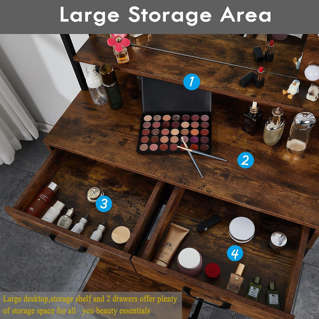 Rustic Vanity Set with Adjustable Lights, 3 Drawers, Brown T8313