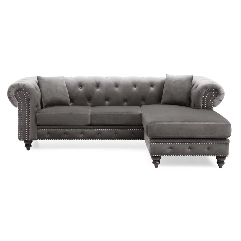 Dark Gray Velvet L-Shape 3-Seater Sofa with 2-Throw Pillow U706