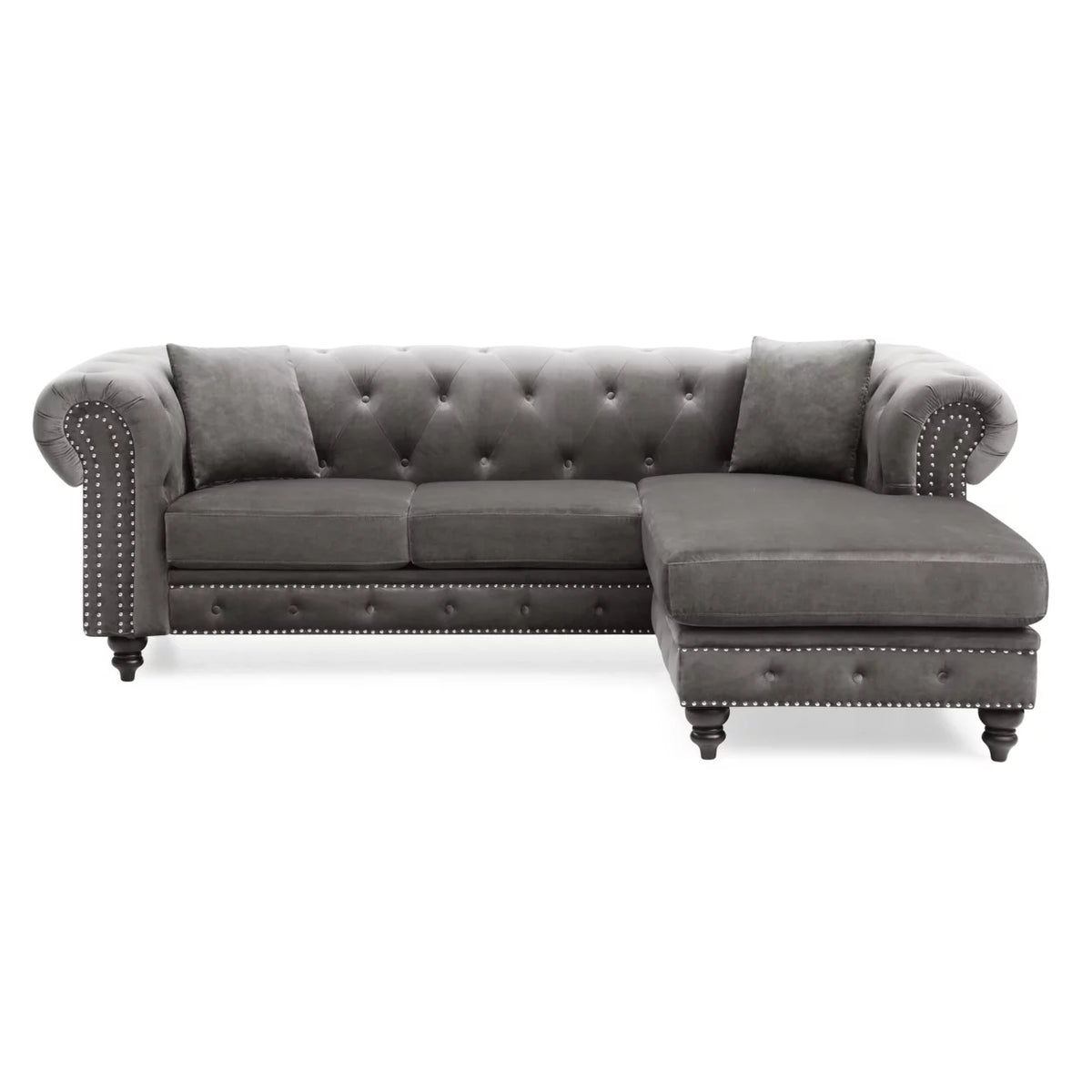 Dark Gray Velvet L-Shape 3-Seater Sofa with 2-Throw Pillow U706