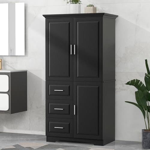 White 3 Door Tall Storage Cabinet with Adjustable Shelves and 3 Drawers Q7736