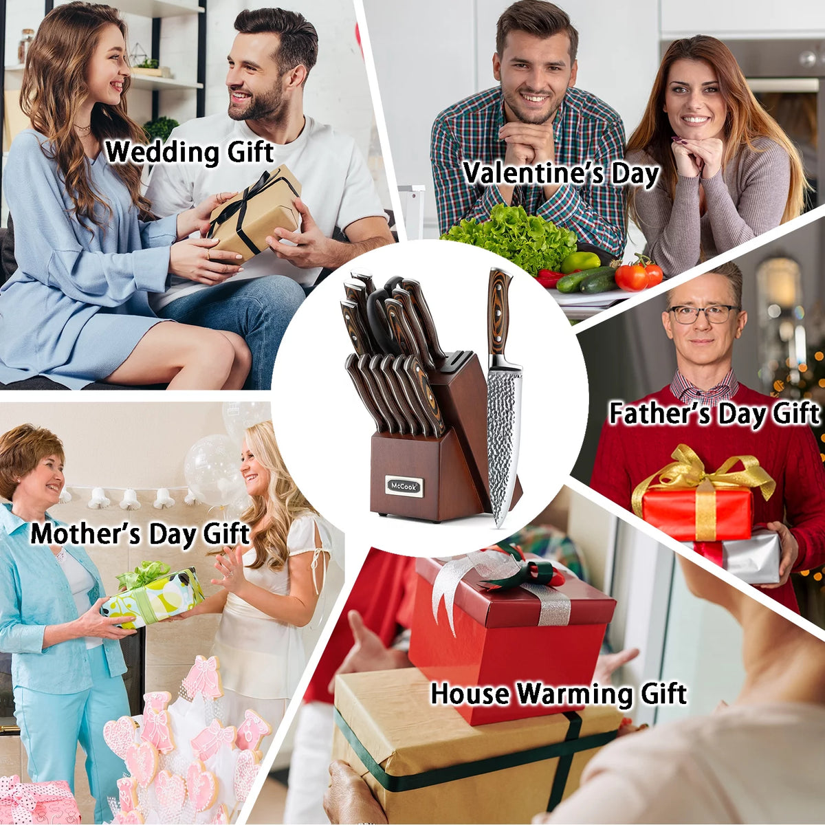 15-Piece Stainless Steel Knife Block Set with Built-in Sharpener I8106