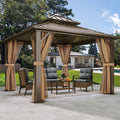 Bronze 10x10FT Double Roof Hardtop Gazebo with Nettings and Curtains Z850