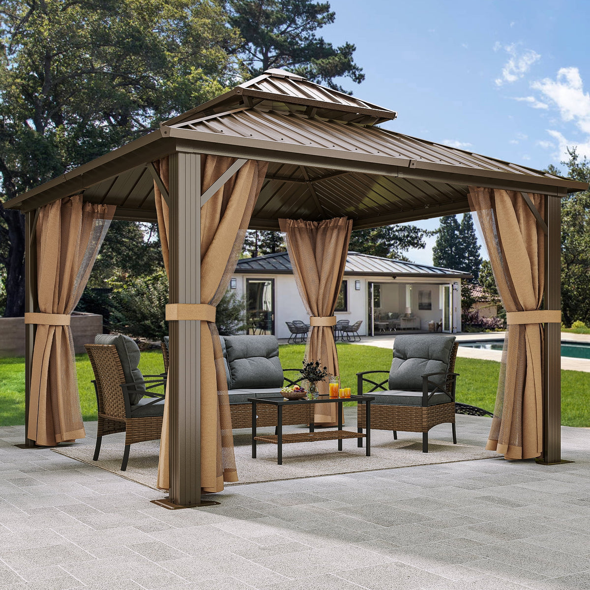 Bronze 10x10FT Double Roof Hardtop Gazebo with Nettings and Curtains Z850